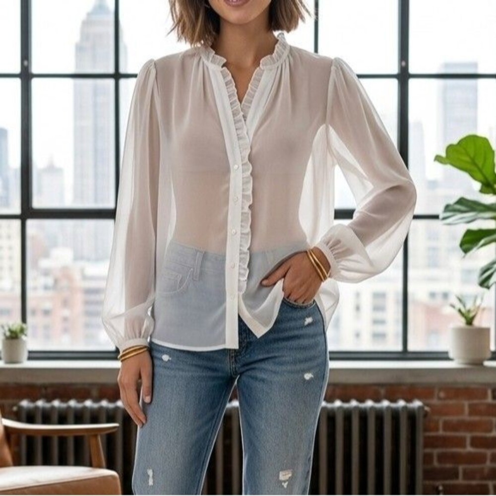 Sea New York Buttondown Long Sleeve Shirt Blouse Top Ruffle Sheer S 291234